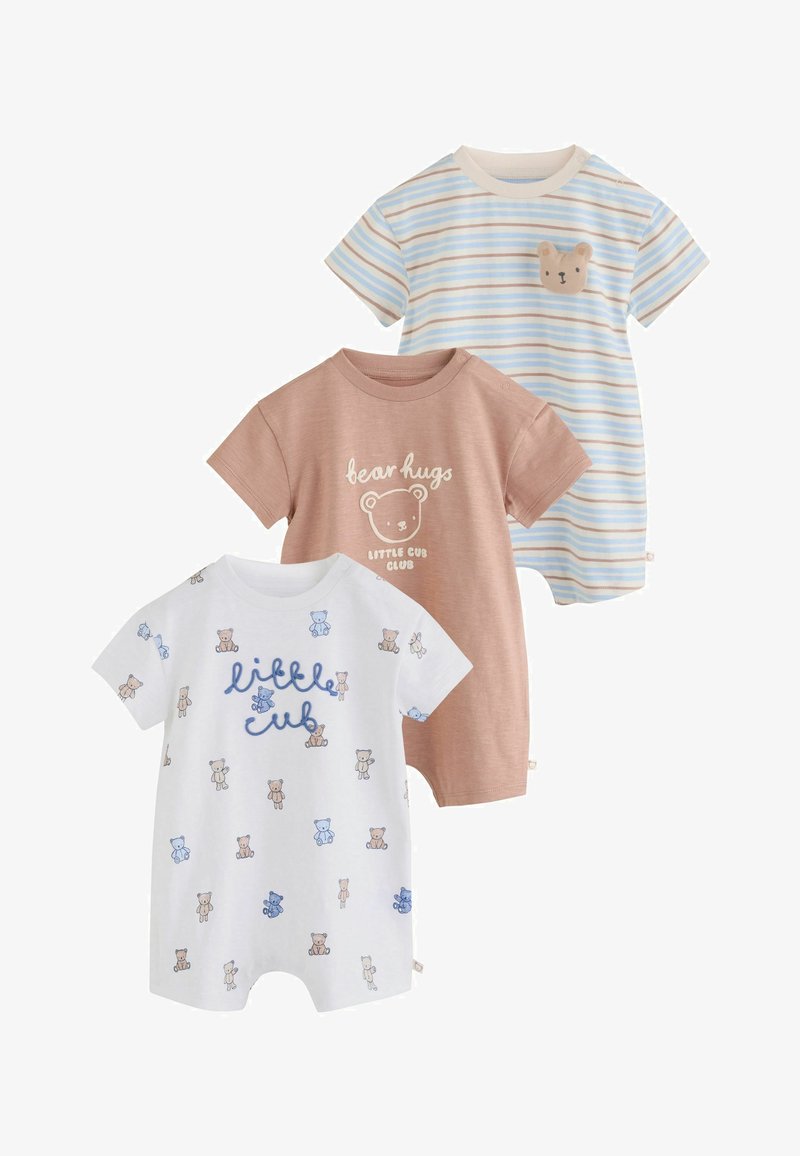 Trois grenouillères pour bébé à manches courtes : une blanche avec des ours en peluche bleus et le texte « petit ourson », une marron clair avec un visage d’ours et le texte « câlins d’ours », une rayée.
