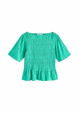 Turquoise short-sleeve blouse with smocked bodice, eyelet detailing, and a gathered peplum hem.