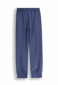 Niebieskie dresowe spodnie z bawełny z elastycznym paskiem w talii, bocznymi kieszeniami i ściągaczami przy kostkach, wyłożone płasko na białym tle.
