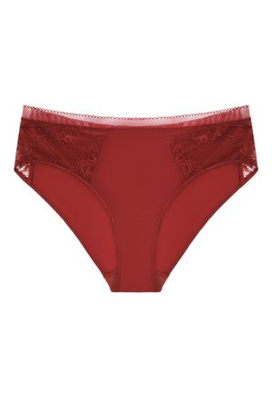 Czerwone damskie majtki z koronkowymi wstawkami po bokach i gładkim przednim panelem, elastyczny pas z falistym brzegiem.
