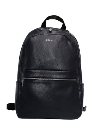 Zaino in pelle nera con finitura testurizzata, dotato di una tasca frontale con zip e accessori in metallo argentato. Manico superiore rimovibile e spallacci regolabili.