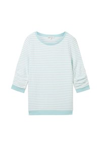 Ljusblå randig långärmad topp med rundad halsringning och samlade 3/4-ärmar. Mjukt tyg med ribbade manschetter och nederkant.