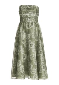 Robe midi vert olive sans bretelles avec un voile floral transparent et une taille froncée, présentant de grands motifs floraux blancs sur tout le tissu.