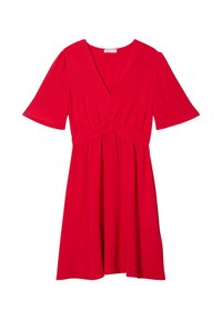Robe rouge à manches courtes avec un décolleté en V, taille froncée et jupe fluide. Fabriquée en tissu doux, elle présente une texture lisse et un design simple.