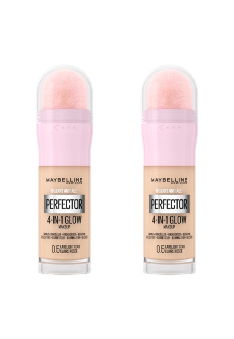 Fond de teint Maybelline Perfecter 4-en-1 Glow en 0,5 Light Cool; muni d'un applicateur rose et d'un capuchon transparent. Fond de teint liquide dans un flacon en verre.