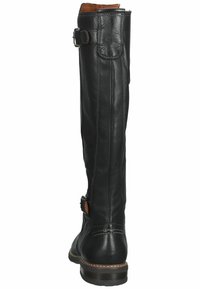 Bota de cuero negro hasta la rodilla con detalles de costura, hebilla lateral y acentos marrones cerca del tobillo. Textura suave con punta redonda.