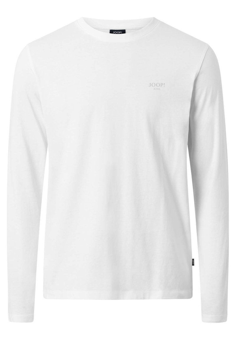 White long-sleeve t-shirt made of cotton, featuring a round neck, soft texture, and a subtle logo on the chest. Simple, classic design.
