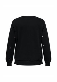 Schwarzer Sweatshirt mit langen Ärmeln, das kleine pastelllila Herzmuster entlang der Ärmel aufweist. Weicher Stoff und lässige Passform.