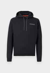 Black hooded sweatshirt made of soft fabric, featuring a front logo, adjustable drawstrings, and ribbed cuffs and hem.