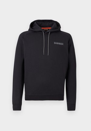 Black hooded sweatshirt made of soft fabric, featuring a front logo, adjustable drawstrings, and ribbed cuffs and hem.