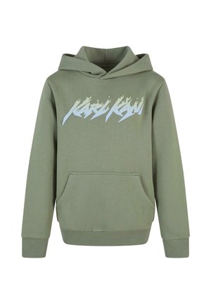 Green pullover hoodie with front kangaroo pocket and stylized white flame text across the chest.