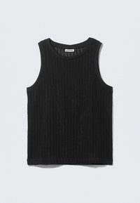 Haut noir sans manches en tissu côtelé texturé. Présente un col arrondi et un ourlet droit. Design simple sans accents supplémentaires.