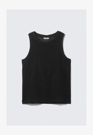 Zwarte mouwloze top gemaakt van getextureerde geribbelde stof. Heeft een ronde halslijn en een rechte zoom. Eenvoudig ontwerp zonder extra accenten.