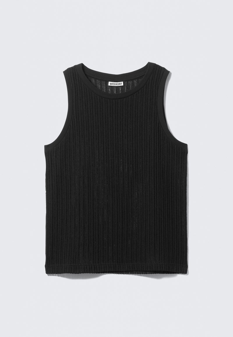 Haut noir sans manches en tissu côtelé texturé. Présente un col arrondi et un ourlet droit. Design simple sans accents supplémentaires.