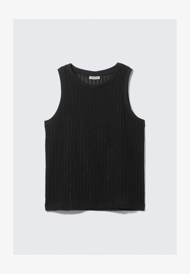 Haut noir sans manches en tissu côtelé texturé. Présente un col arrondi et un ourlet droit. Design simple sans accents supplémentaires.