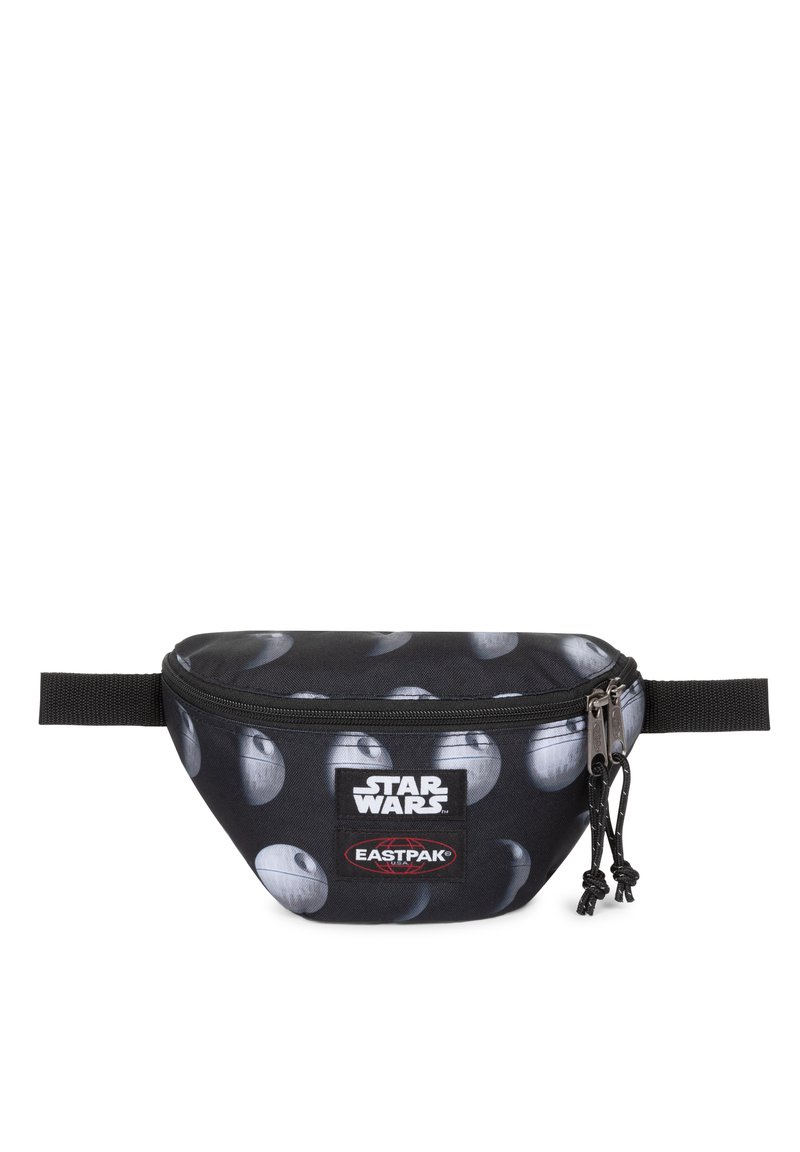 Banane noire avec un design de sphères grises représentant l'Étoile de la Mort, comportant les logos "Star Wars" et "Eastpak". Tissu texturé.