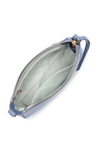 Pochette in pelle blu texture con zip dorata, dotata di un interno in tessuto verde chiaro liscio e una tasca interna.