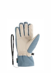 Beige leather glove with a blue textile cuff; elastic wrist, textured palm, and a black wrist strap for secure fit. Reinforced fingertips.