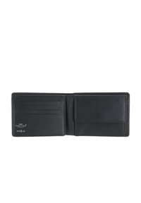 Portefeuille en cuir noir bifold avec quatre emplacements pour cartes à gauche et une poche à rabat pour pièces à droite, doté de la technologie de sécurité RFID.