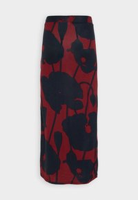 Červená sukně s velkými černými květinovými vzory, s rovný střih a elastickým pasem pro pohodlí a snadné nošení.