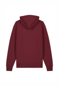 Bordeaux hoodie met een kangoeroezak, ribgebreide manchetten en zoom. De capuchon heeft een enkele naad; gemaakt van zachte, gestructureerde stof. Achteraanzicht weergegeven.