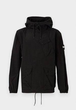 Black pullover jacket with a hood, textured fabric, front pocket with flap, two side pockets, and drawstrings at the hem and hood.
