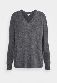Dunkelgrauer Strickpullover mit V-Ausschnitt, langen Ärmeln und lockerer Passform, mit gerippten Bündchen und Saum sowie subtilen seitlichen Akzenten.