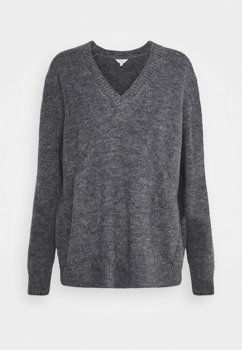 Dunkelgrauer Strickpullover mit V-Ausschnitt, langen Ärmeln und lockerer Passform, mit gerippten Bündchen und Saum sowie subtilen seitlichen Akzenten.