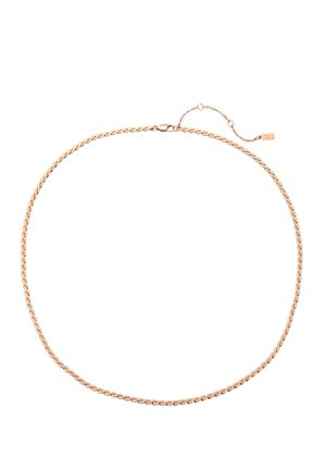 Delicate rose gold twisted chain necklace with lobster clasp and adjustable extension chain on a white background.