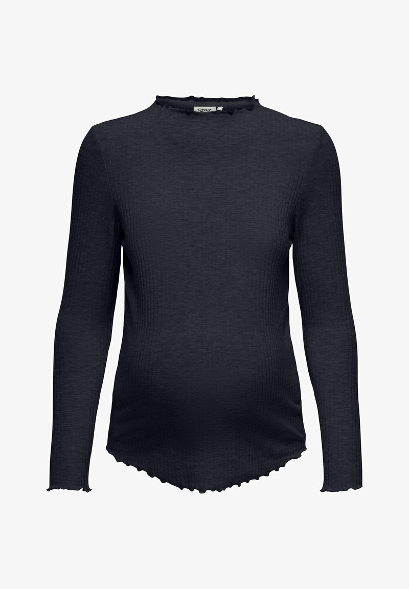 Ilga rankovė mėlyna palaidinė, pagaminta iš banguotos medžiagos, su įpjauto tipo apykakle ir hemu, sukurta prigludusiam siluetui.