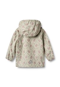 Dážďová bunda s kvetinovým vzorom v svetlo béžovej farbe s ružovými ružami, s kapucňou, elastickými manžetami a kruhovým logom na dolnej časti chrbta.