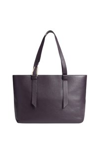 Borsa tote in pelle di un viola scuro con due manici superiori e una finitura testurizzata. Presenta accenti in metallo dorato. Forma rettangolare.