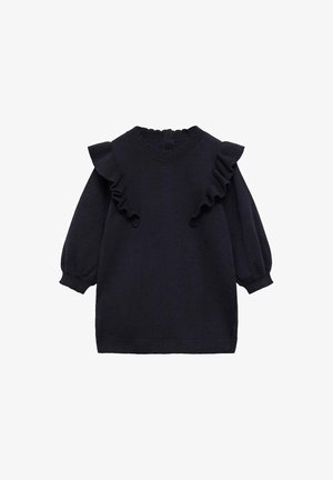 Pull en maille bleu marine foncé à manches longues avec des détails volantés le long des coutures d'épaule et des poignets et un col côtelé.