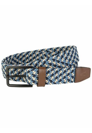 Geflochtenem Gürtel in Blau und Creme mit einem geflochtenen Design. Verfügt über eine schwarze Metallschnalle und braune Lederakzente. Langlebiges und flexibles Material.
