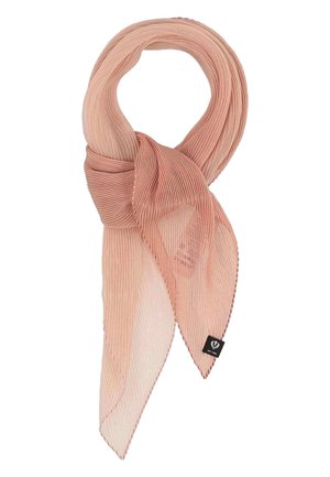 Hellrosa plissierter Schal, locker zu einem Knoten gebunden, mit spitzen Enden und einem kleinen schwarzen Markenzeichen an einer Spitze.