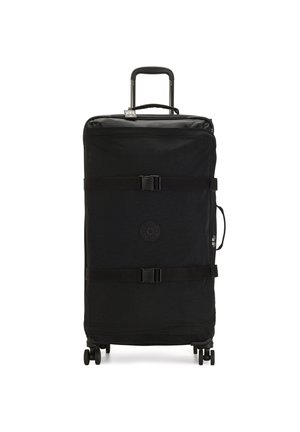 Black wheeled suitcase with durable fabric, dual straps, and logo. Features a telescoping handle and four wheels for easy maneuverability.