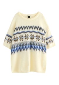 Maglione in lana avorio a maniche corte, con un motivo decorativo blu, marrone e bianco sul petto e una vestibilità rilassata.