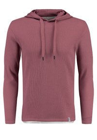 Langarm-Hoodie in einem sanften Rosaton, ausgestattet mit einem strukturierten Strickmuster, Kordelzugverschluss und einem kontrastierenden weißen Saum.