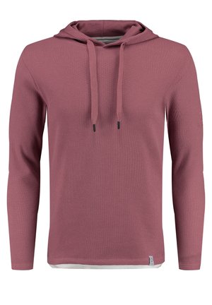 Sweat à capuche à manches longues dans une couleur rose atténuée, présentant un motif de tricot texturé, une fermeture par cordon de serrage, et un ourlet blanc contrastant.
