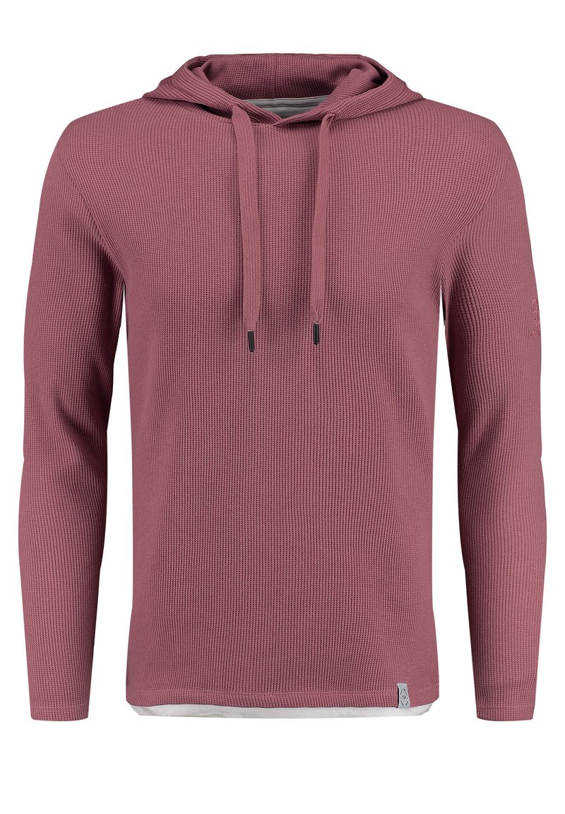 Langarm-Hoodie in einem sanften Rosaton, ausgestattet mit einem strukturierten Strickmuster, Kordelzugverschluss und einem kontrastierenden weißen Saum.