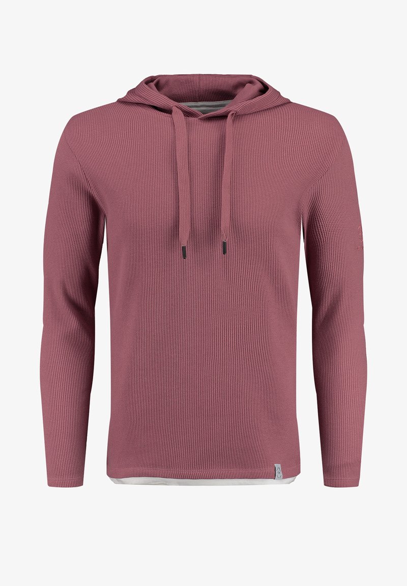 Langarm-Hoodie in einem sanften Rosaton, ausgestattet mit einem strukturierten Strickmuster, Kordelzugverschluss und einem kontrastierenden weißen Saum.