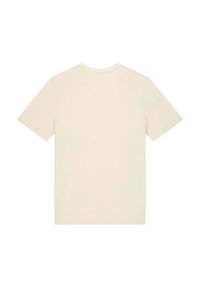 T-shirt en coton beige clair, doté de manches courtes, d'un col rond classique et d'une texture douce et lisse, sans motifs ni accents visibles.