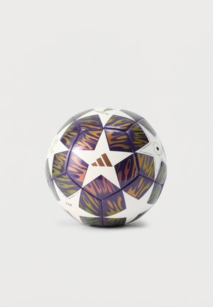 Soccer ball with white stars and purple panels featuring orange and yellow flame-like patterns and Adidas logo in the center star.
