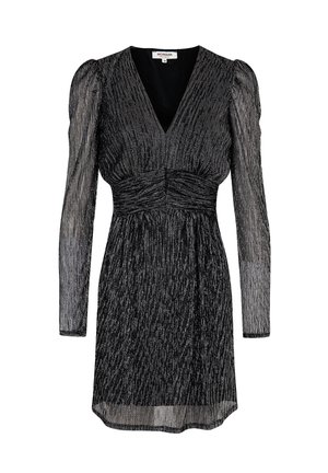 Black dress with long sheer sleeves, V-neck, ruched bodice, and textured metallic thread pattern. Above-the-knee length.