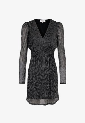 Black dress with long sheer sleeves, V-neck, ruched bodice, and textured metallic thread pattern. Above-the-knee length.