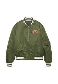 Giacca bomber verde oliva con colletto e polsini a coste bianchi a righe, chiusura con zip, logo ricamato "Tigers", due tasche frontali e una tasca sulla manica.