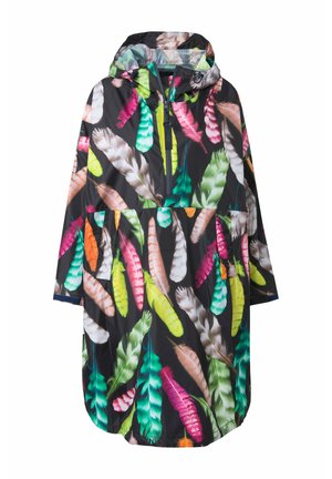 Black waterproof coat featuring a hood and a vibrant feather print in pink, green, yellow, and white. Loose fit with a kangaroo pocket.