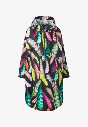 Schwarzer wasserdichter Mantel mit Kapuze und lebhaftem Federdruck in Pink, Grün, Gelb und Weiß. Lockere Passform mit einer Kängurutasche.