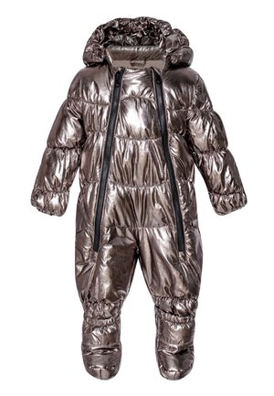 Metallisk bronzfärgad puffy snowsuit med huva, som har två framdragkedjor, elastiska mudd och integrerade stövlar för värme.