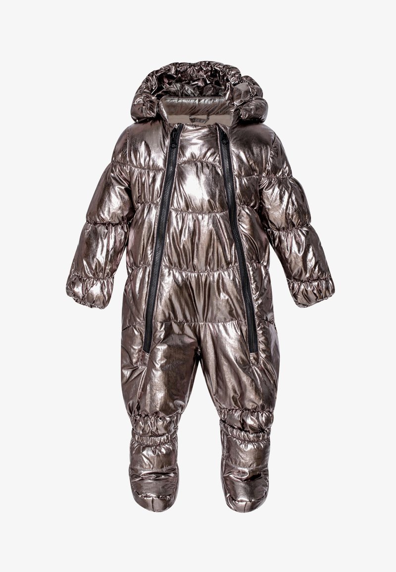Combinaison de neige poétique en bronze métallique avec capuche, dotée de deux fermetures éclair à l'avant, de poignets élastiques et de chaussons intégrés pour la chaleur.